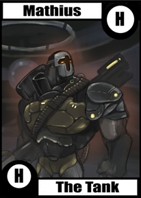 Concept art for a character card held by a player to identifier their character, in this case The Tank named Mathius