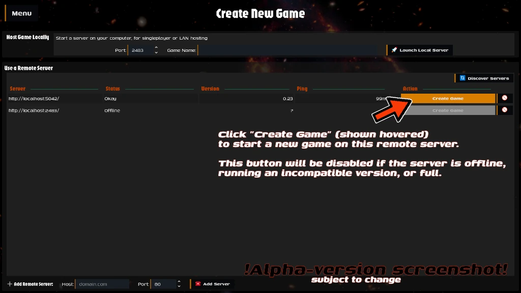 Screenshot of the Create Game menu